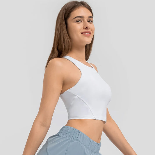 Nylon spandex knit women's high neck padded fitness sports bra crop top vest - product image