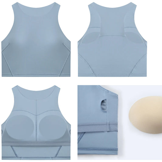 Nylon spandex knit women's high neck padded fitness sports bra crop top vest - product image