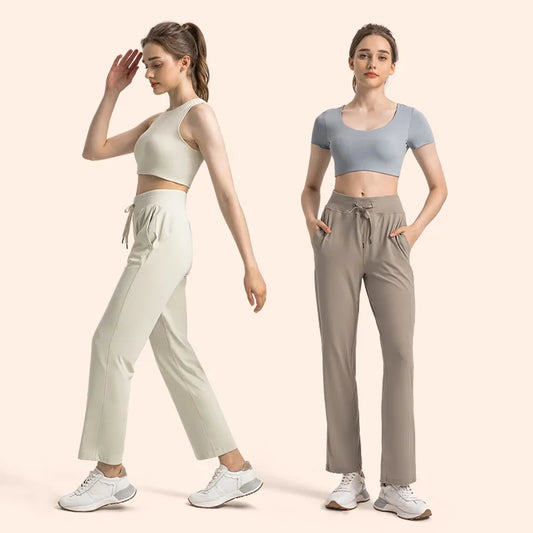 Nylon spandex womens tummy control straight casual running pants drawstring pocket - product image