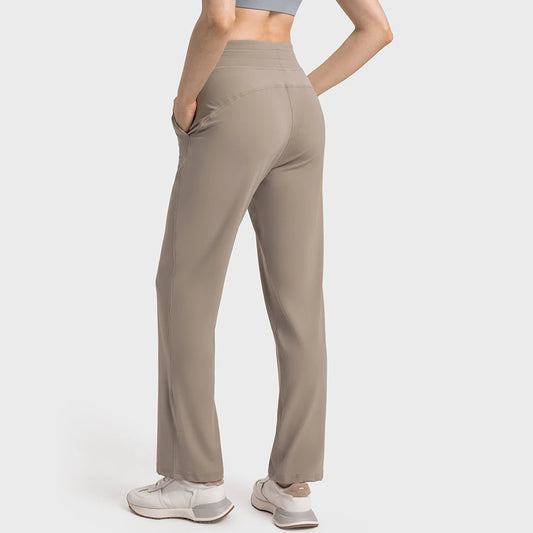 Nylon spandex womens tummy control straight casual running pants drawstring pocket - product image