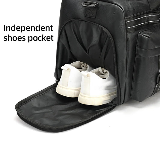 Pu sports duffel bag with dry/wet separation shoe compartment and multiple pockets - product image
