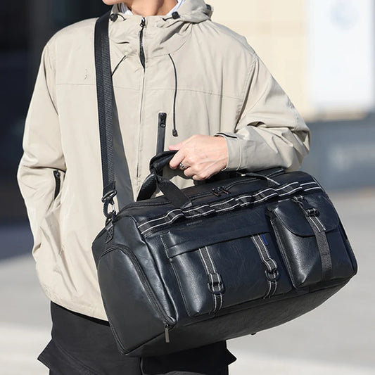 Pu sports duffel bag with dry/wet separation shoe compartment and multiple pockets - product image