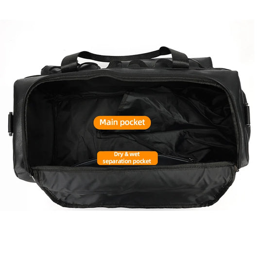Pu sports duffel bag with dry/wet separation shoe compartment and multiple pockets - product image