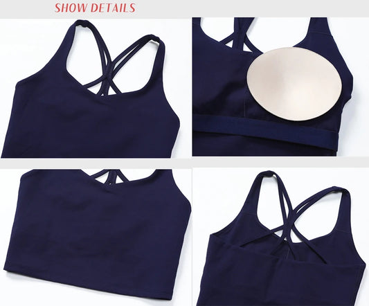 Recycled polyester strappy gym workout longline sports bras - product image