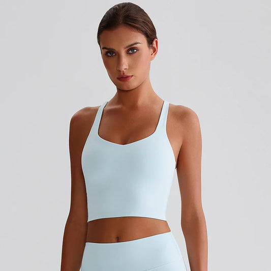 Recycled polyester strappy gym workout longline sports bras - product image